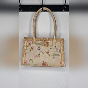 Liz Claiborne Floral Embroidered Purse Faux Croc Leather Tan Handbag Flowers